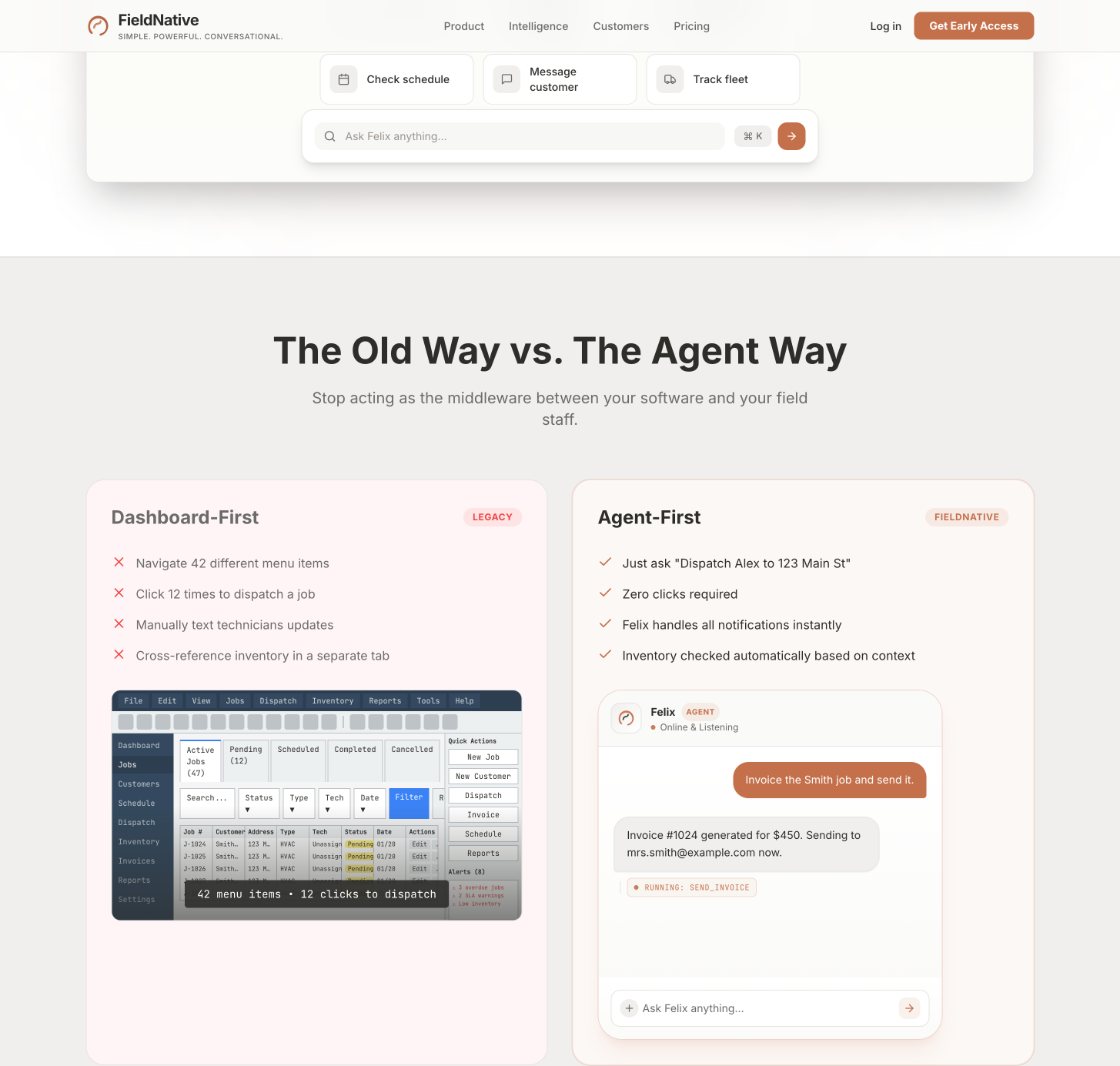 FieldNative Agent-First vs Dashboard-First comparison